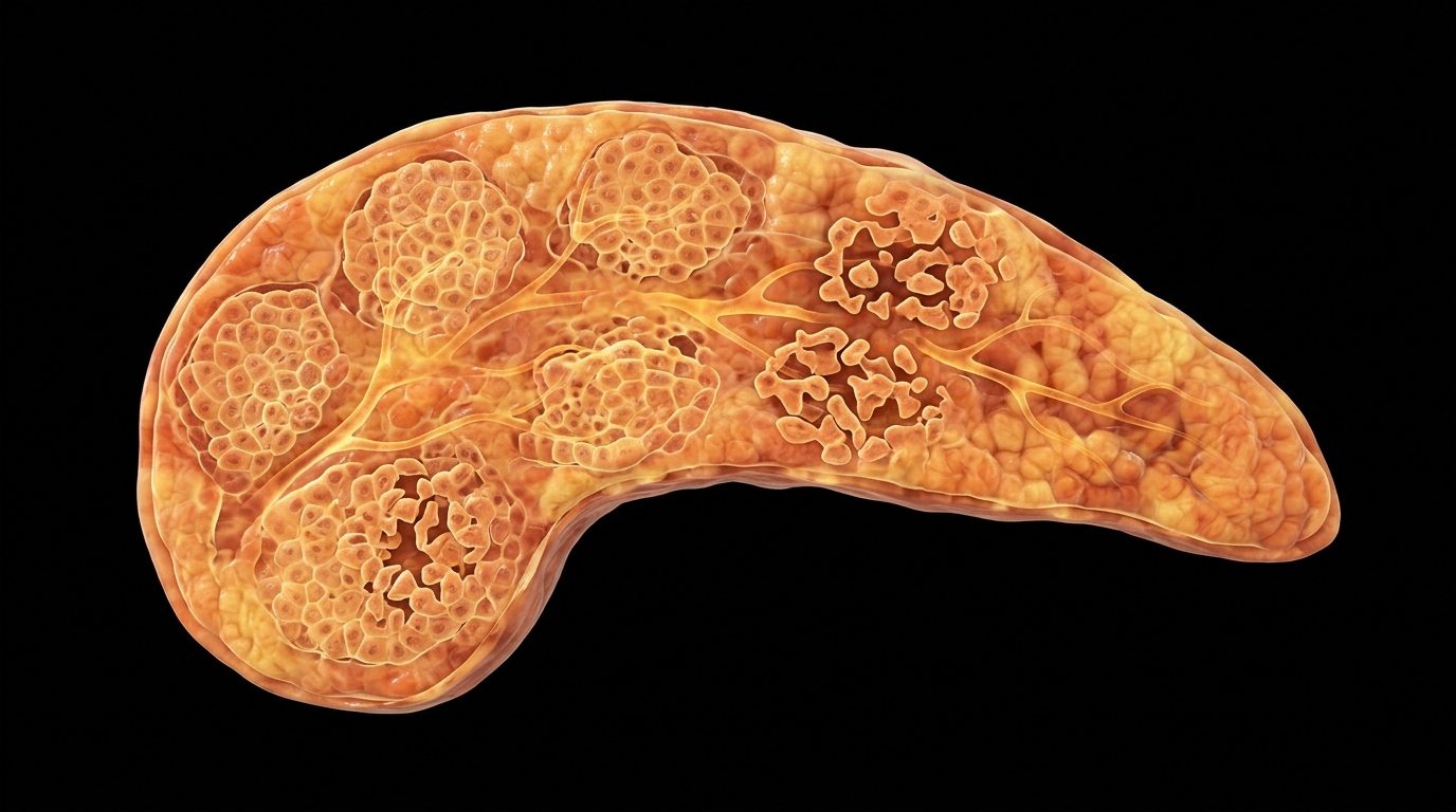 Three-dimensional cross-section of a human pancreas showing damaged beta cells and disrupted insulin production pathways against a solid black background