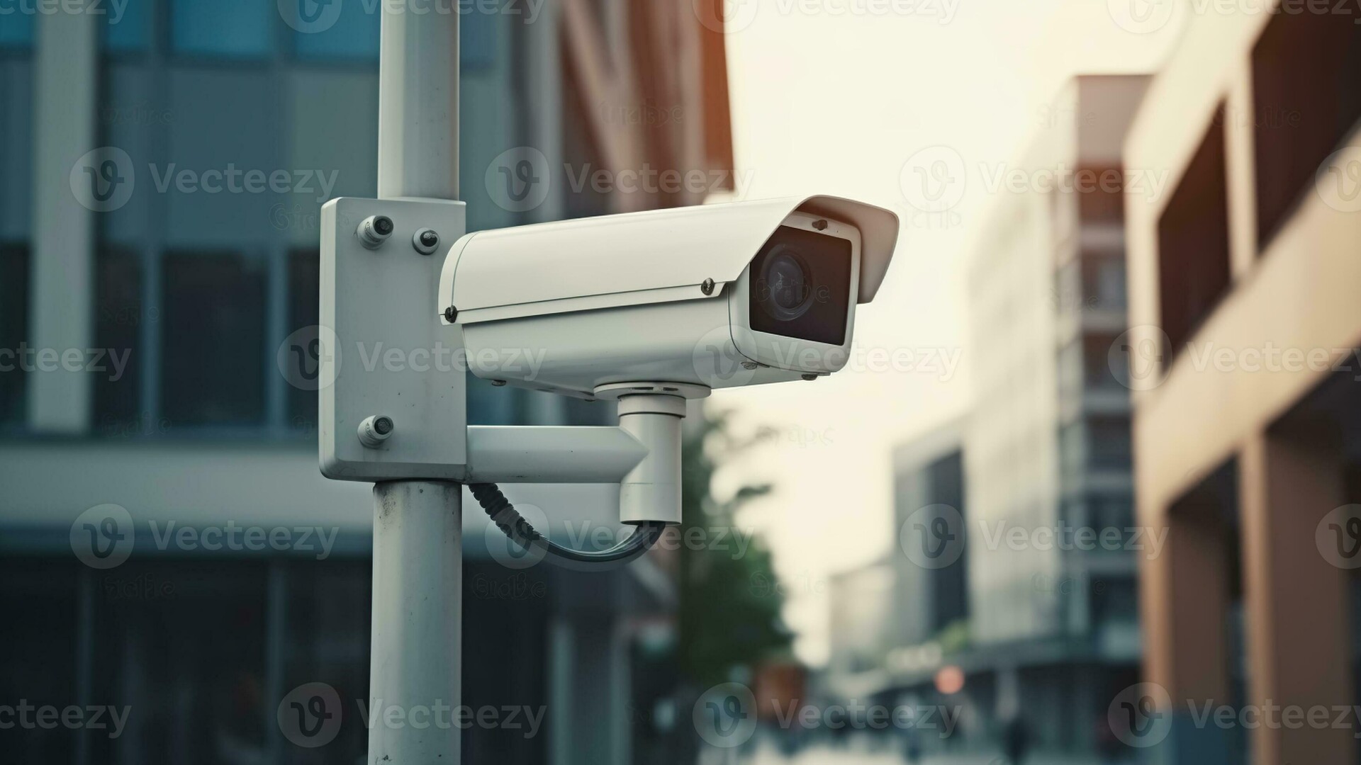 Modern commercial building with professional security cameras installed on exterior
