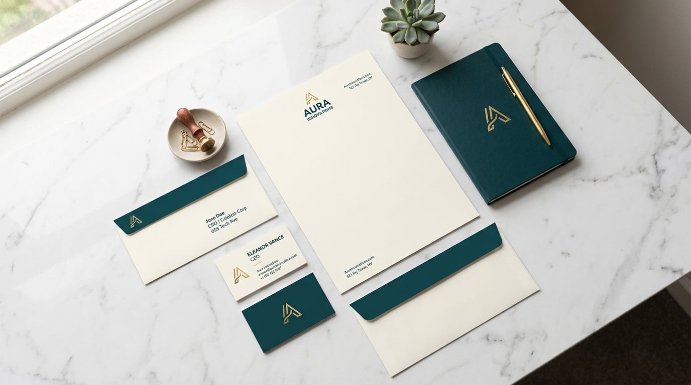 Einheitliche Geschäftspapiere: Visitenkarten, Briefpapier und Umschläge