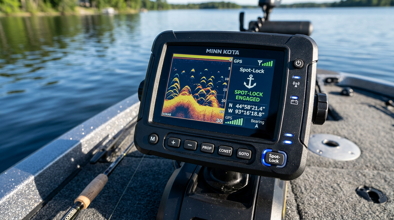 Close-up of a Minn Kota Terrova trolling motor control head display showing sonar and GPS Spot-Lock screen
