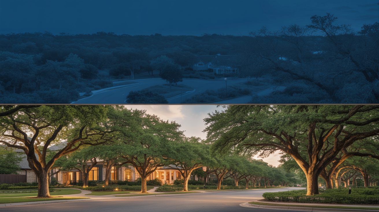 Twilight view of a luxury Austin Texas home with pool and landscaping