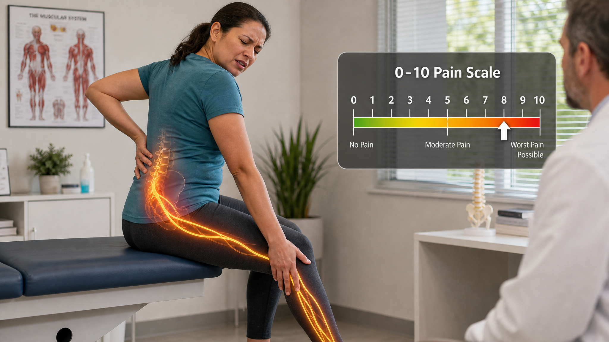 Hispanic woman describing sharp electric pain shooting from her low back down the back of her leg, with a 0-to-10 pain-scale overlay and an amber sciatic nerve path