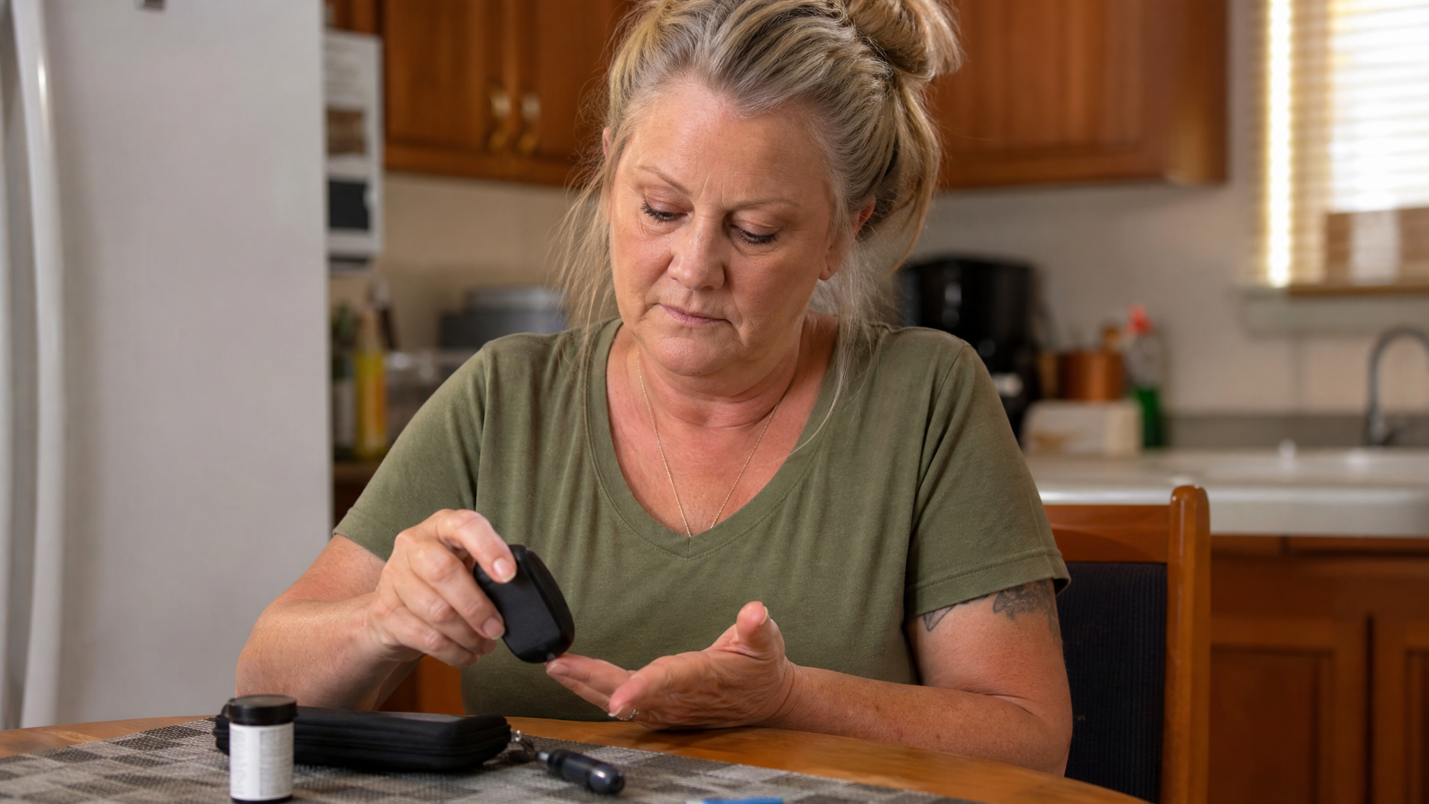 White female veteran checking blood glucose at a kitchen table representing the diabetes-kidney connection