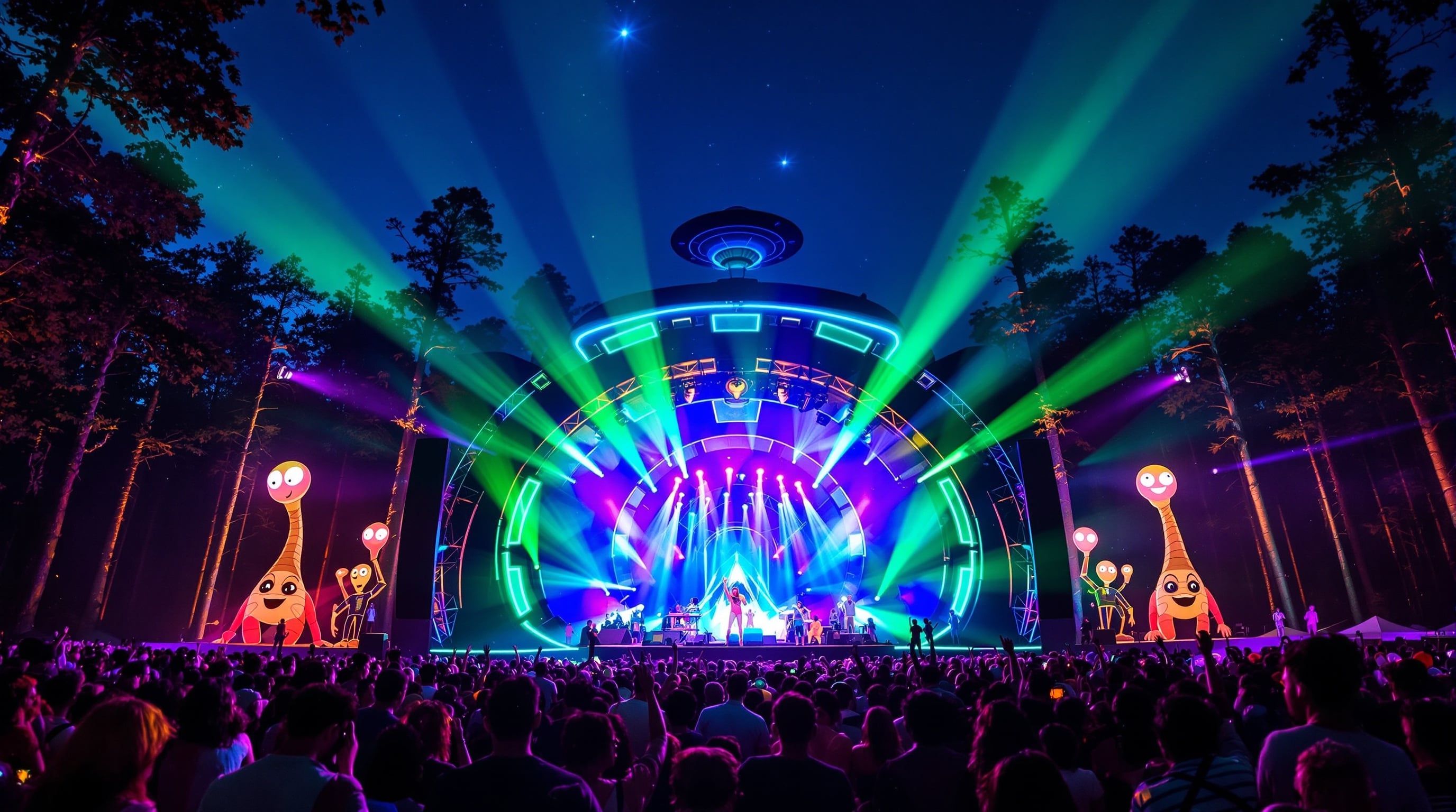 UFO-shaped main stage with cosmic lights and dancing crowd at Abducted In The Woods festival