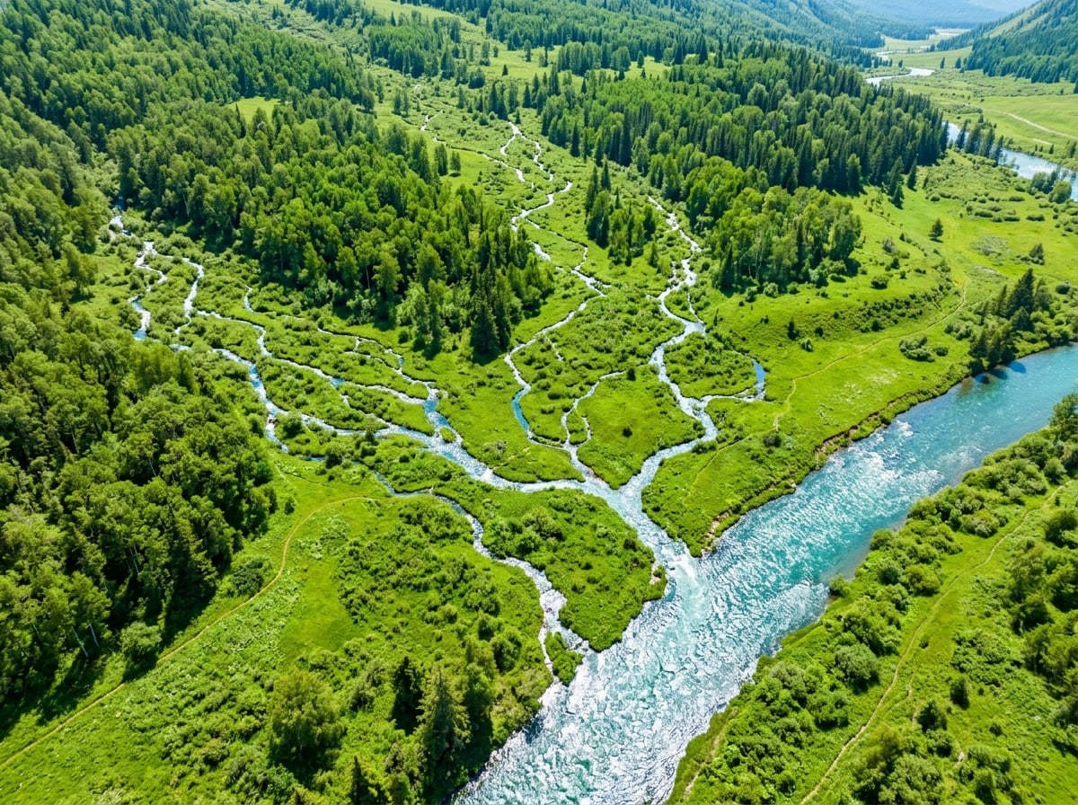 Aerial view of many small streams merging into one large flowing river through green landscape