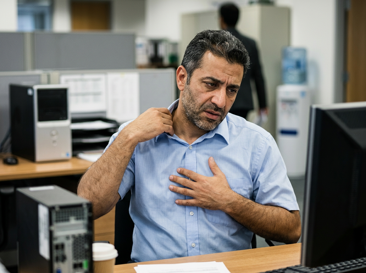 Middle-Eastern male veteran in his 40s sitting at an office desk loosening his collar with one hand on his chest showing work strain from hypertension