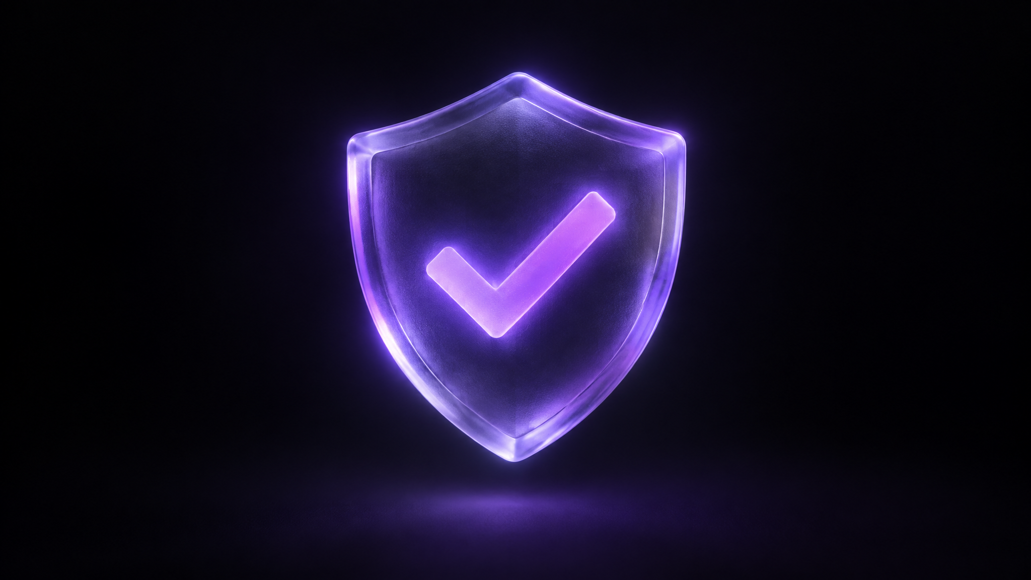 A single frosted glass verification shield glowing violet in the dark with a bright violet tick mark at its centre, representing a verified Google Business Profile