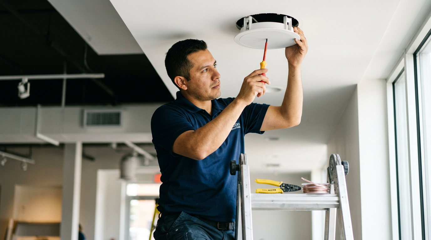 Gulf Shores Audio technician installing a ceiling speaker