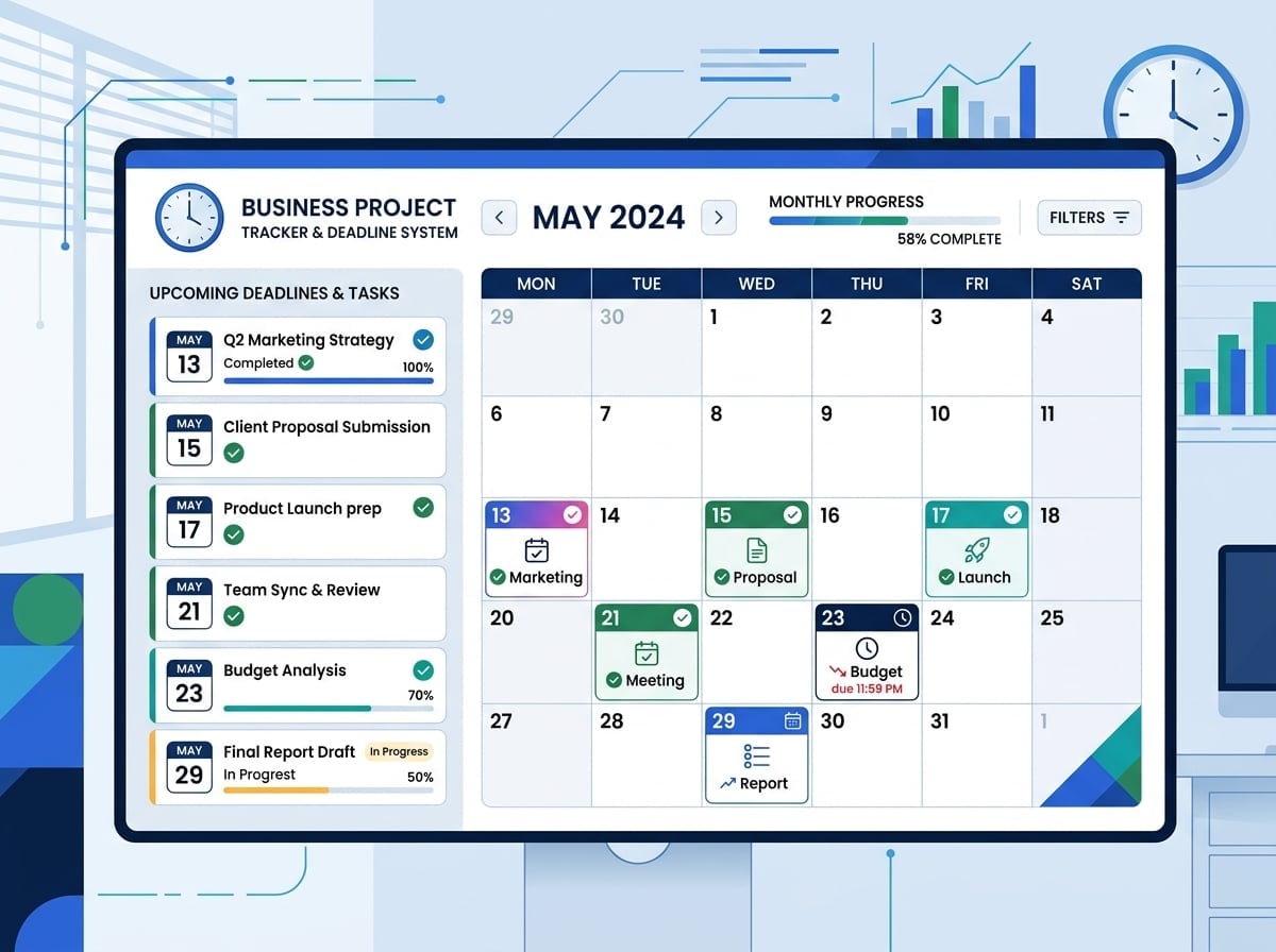 Calendar and deadline tracking system with organized task management interface