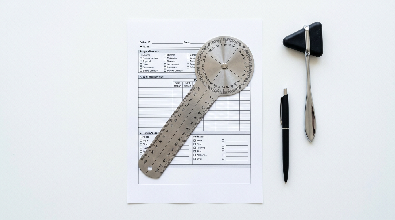 Overhead view of a Disability Benefits Questionnaire form on a clinical desk with a stainless steel goniometer, a reflex hammer and a pen laid across it