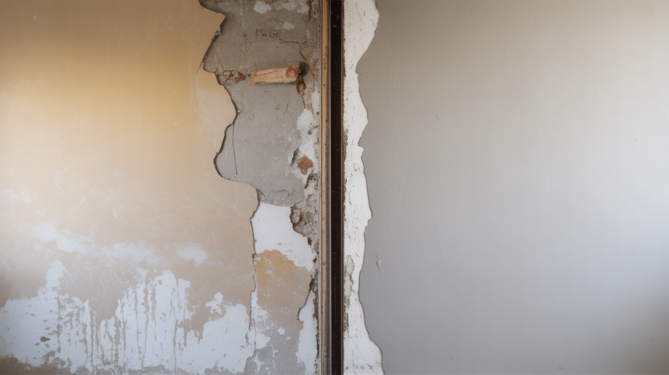 Before and after damp proofing treatment showing wall transformation