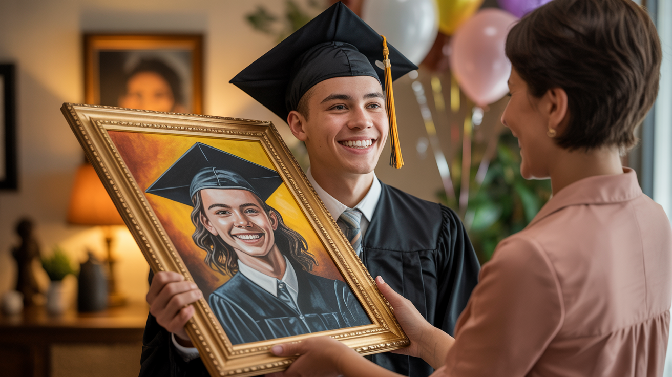 Graduate receiving a custom portrait painting as a celebratory graduation gift