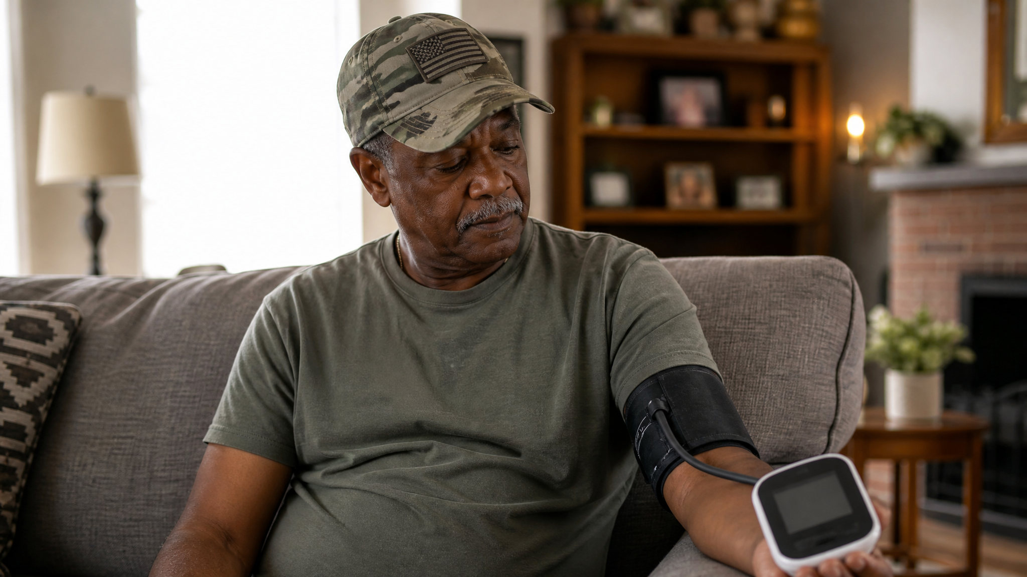 Black male veteran using a home blood pressure cuff representing the hypertension-kidney relationship