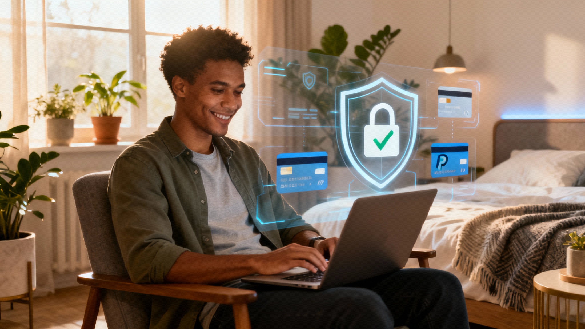 Person making secure adult content subscription choice with privacy and security features highlighted