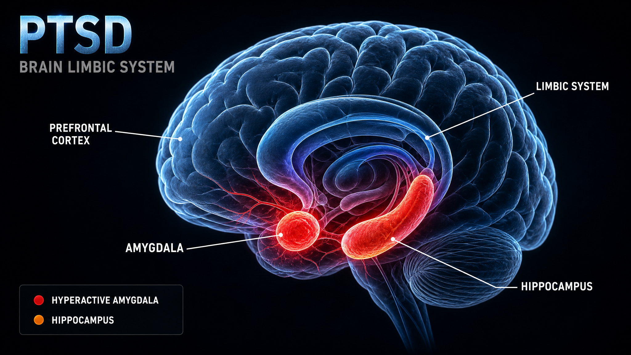 Brain limbic system diagram highlighting the amygdala and hippocampus involved in PTSD