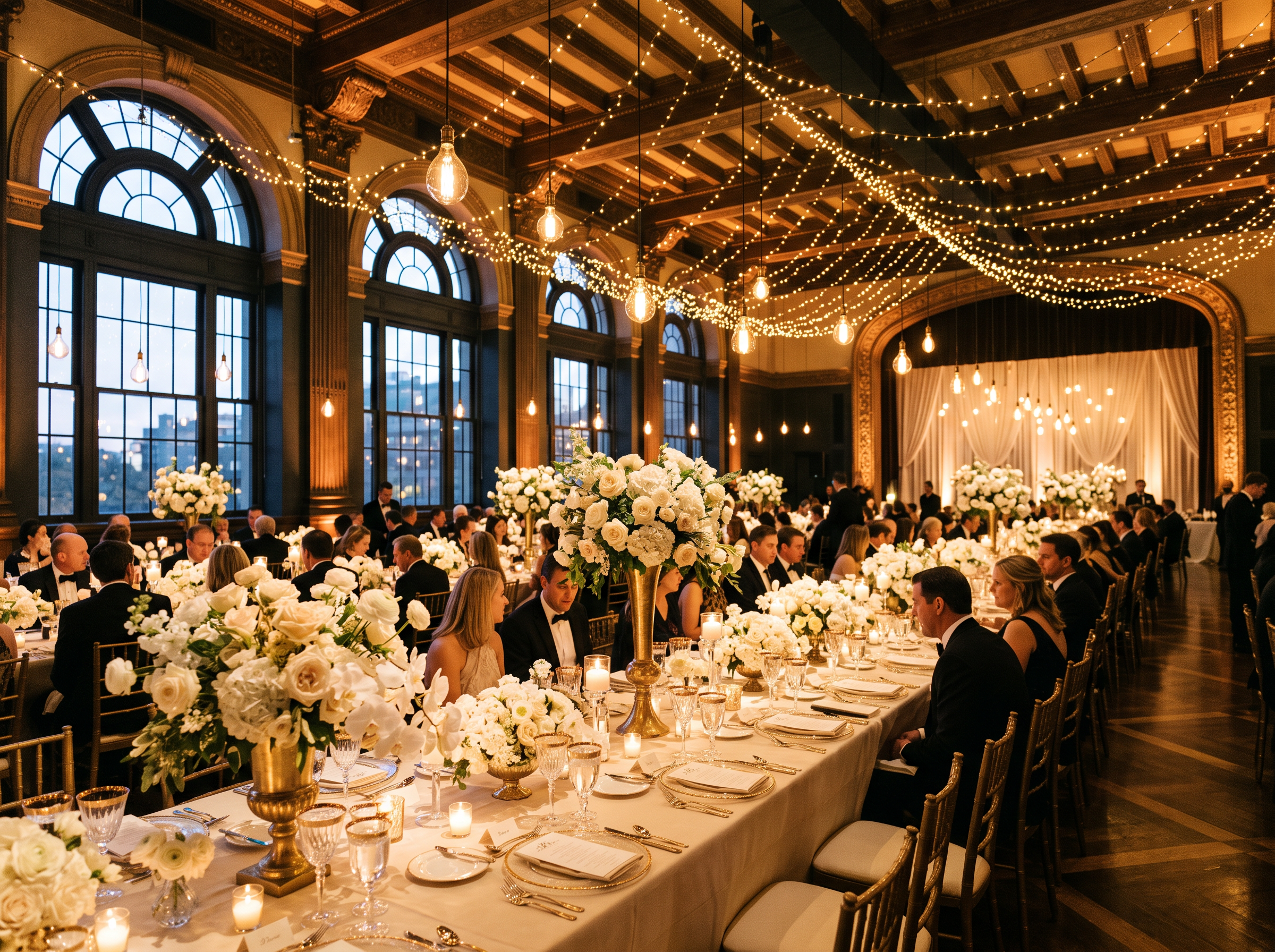 Salón de eventos de lujo montado para una celebración