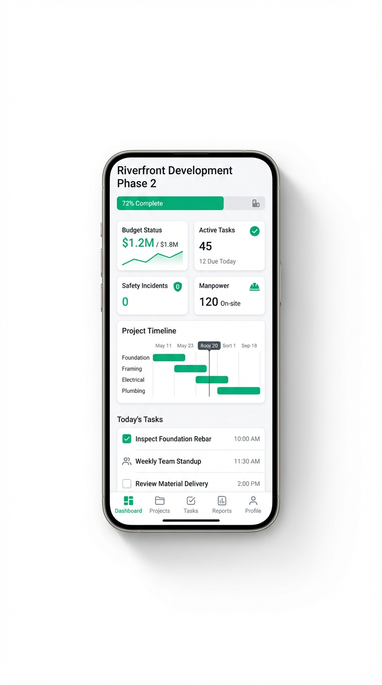 OneMake app móvil mostrando dashboard de control de obra