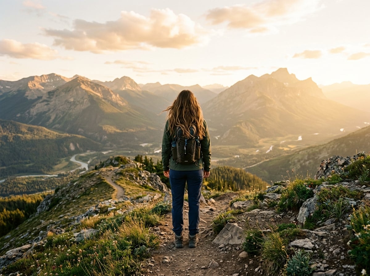 Woman facing away from camera, enjoying a beautiful nature vista