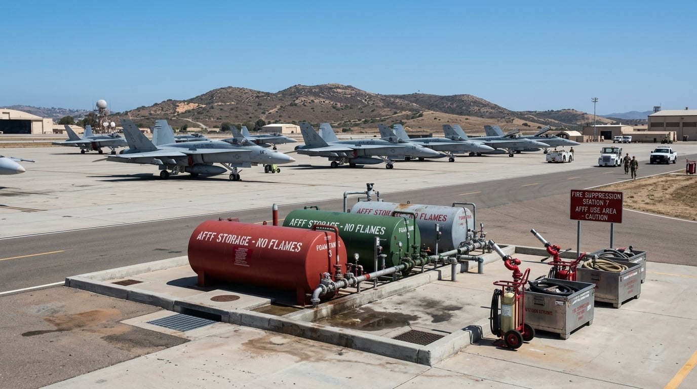 MCAS Miramar, San Diego — fighter jets and AFFF firefighting foam equipment on flight line