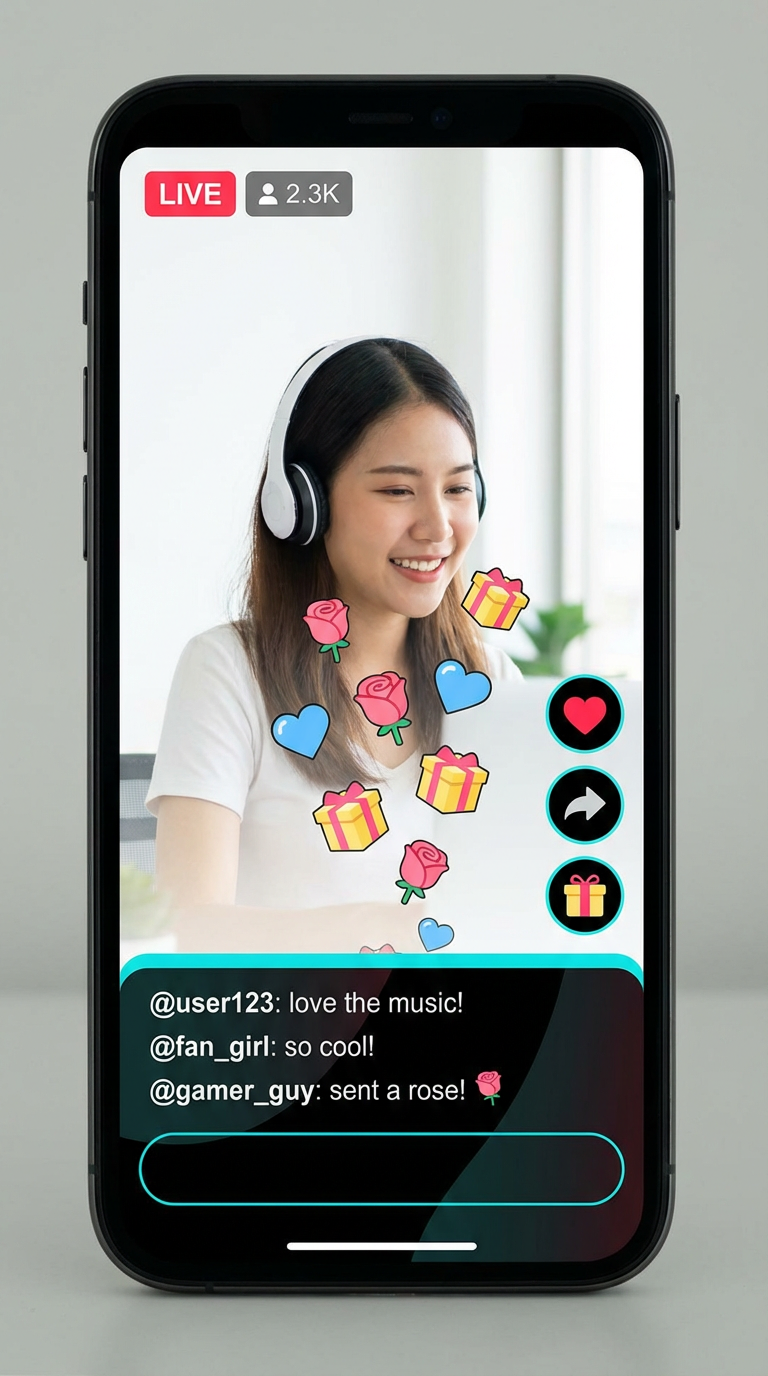 Active TikTok live stream showing floating virtual gifts, viewer count, and comments