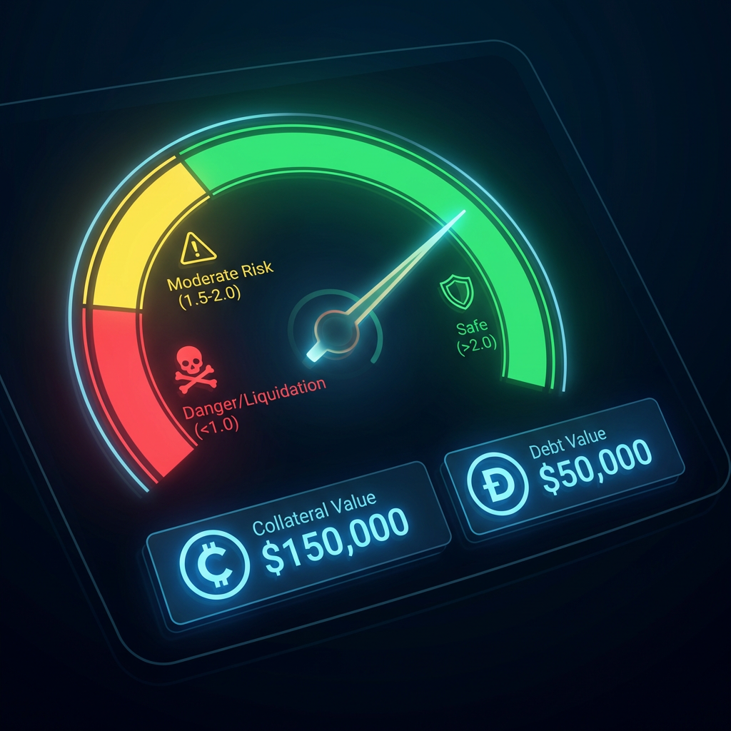 Aave DeFi lending Health Factor gauge showing safe, moderate, and liquidation risk zones