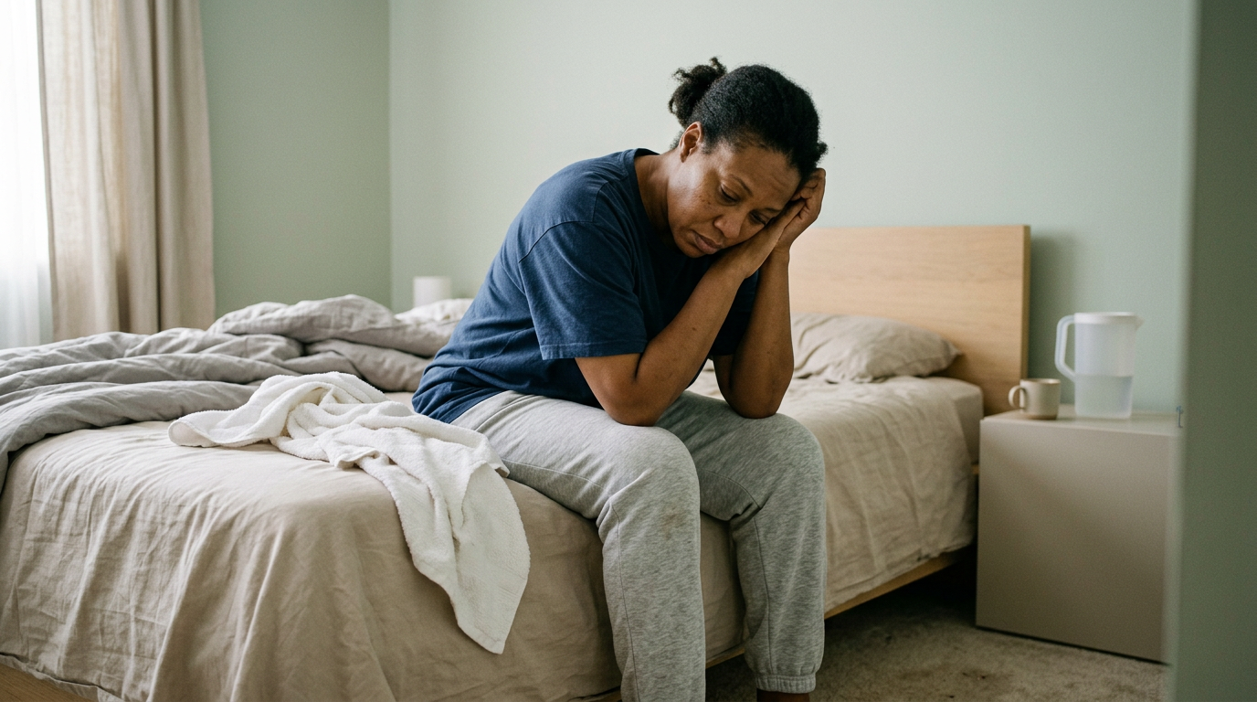 Black female veteran in her forties sitting on the edge of her bed completely wiped out after minor activity