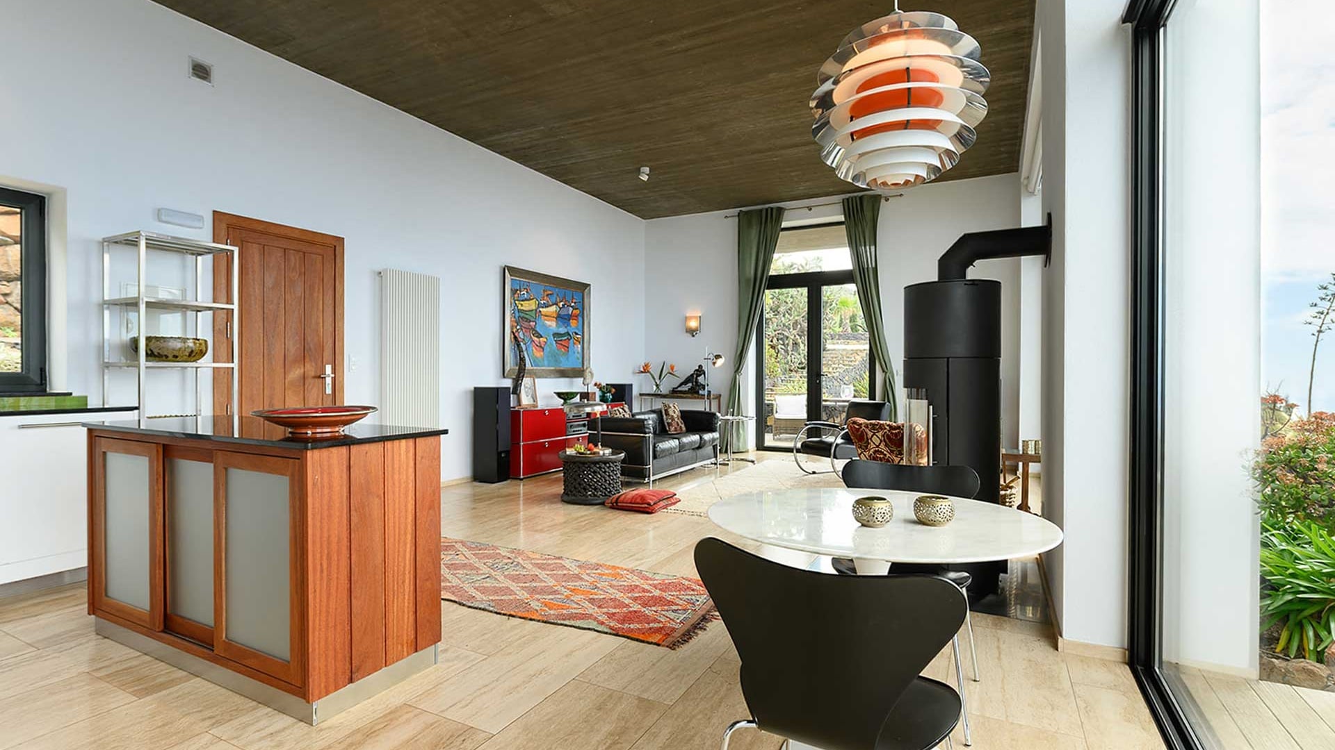 Terrace dining area with sunset views