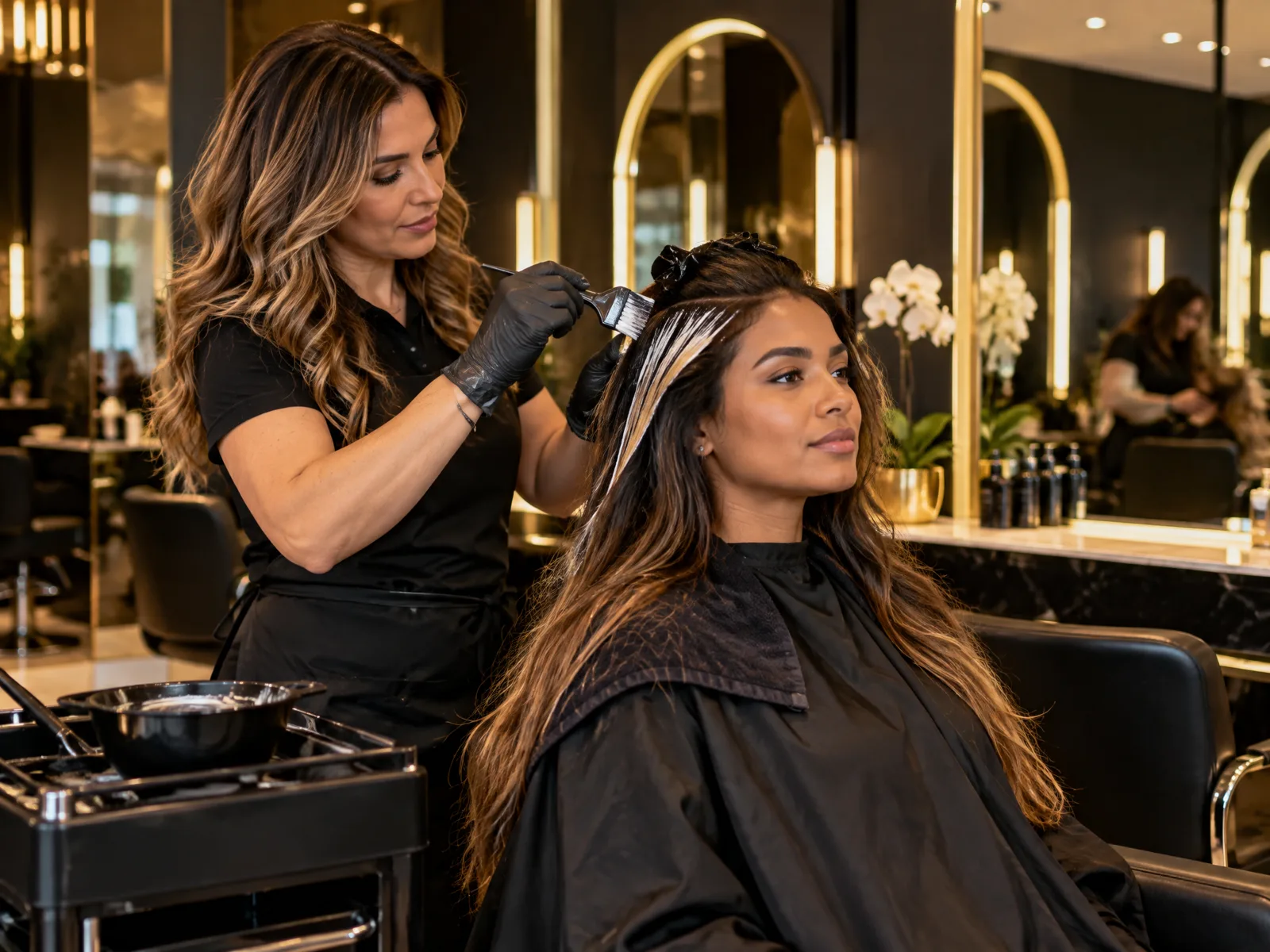 Cabeleireira profissional colorindo cabelo feminino em salão em Sorocaba