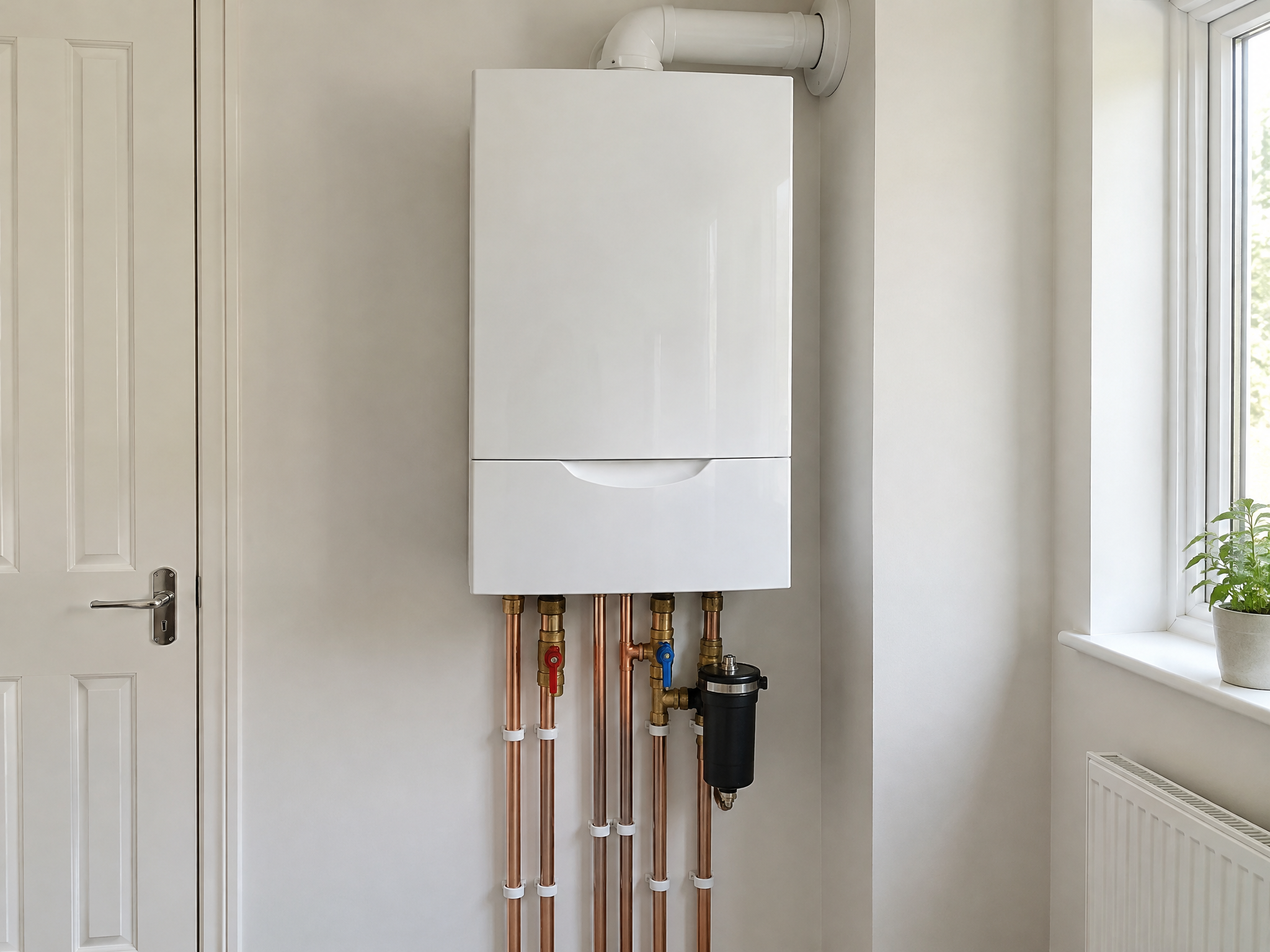Modern combi boiler professionally installed with neat copper pipework