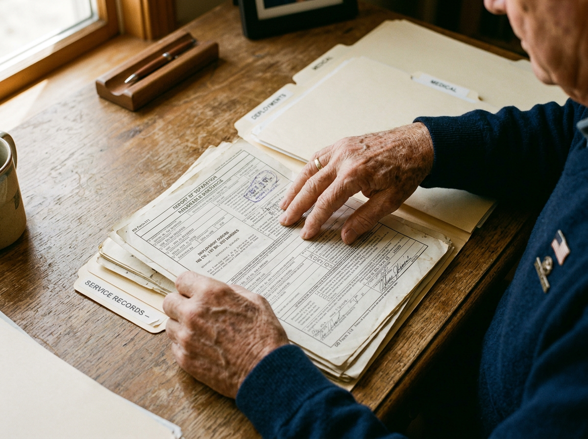 A veteran organizing military service records and deployment documents at a table