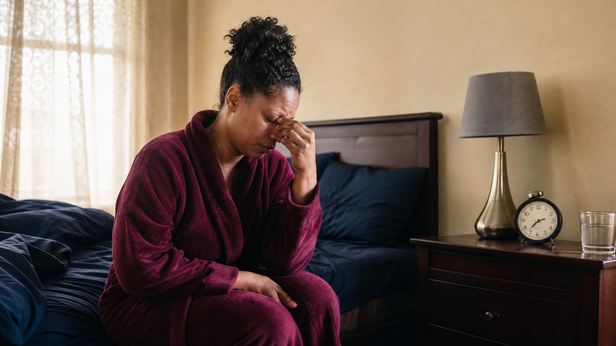 An exhausted woman veteran dealing with daytime fatigue from disrupted sleep