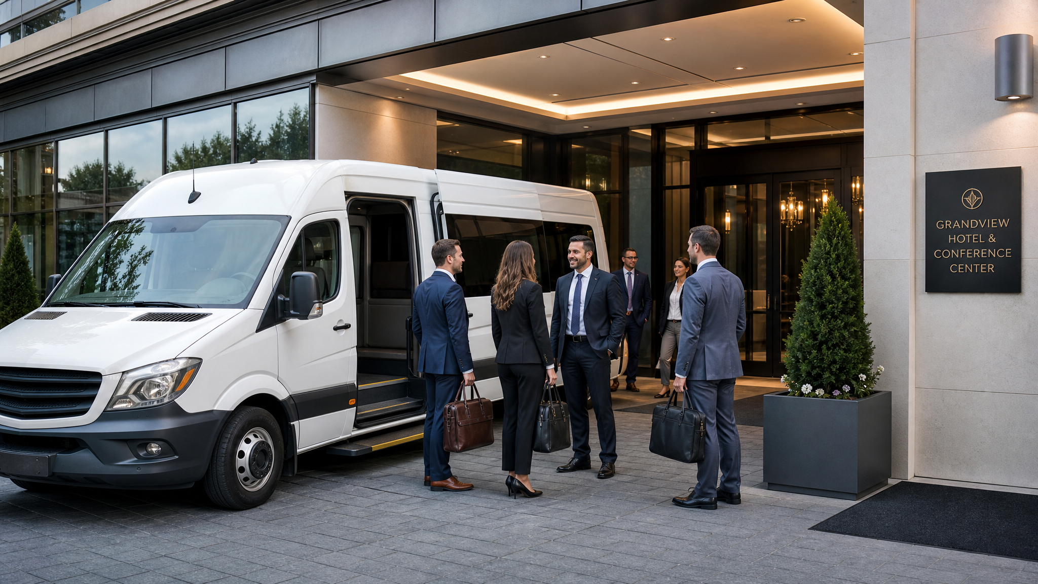 Business professionals near a shuttle van at a conference center