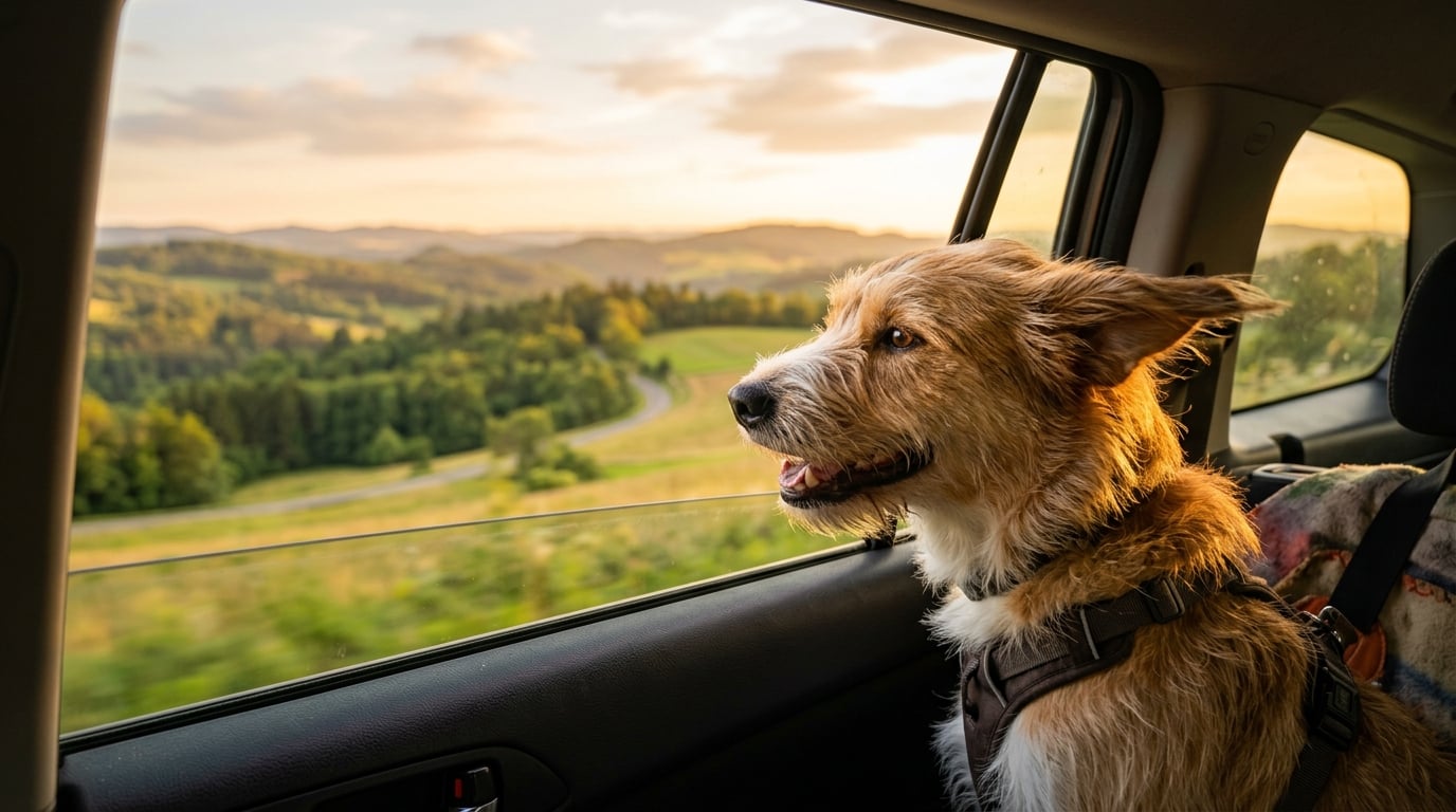 A happy dog looking out the window during a comfortable car ride through green countryside