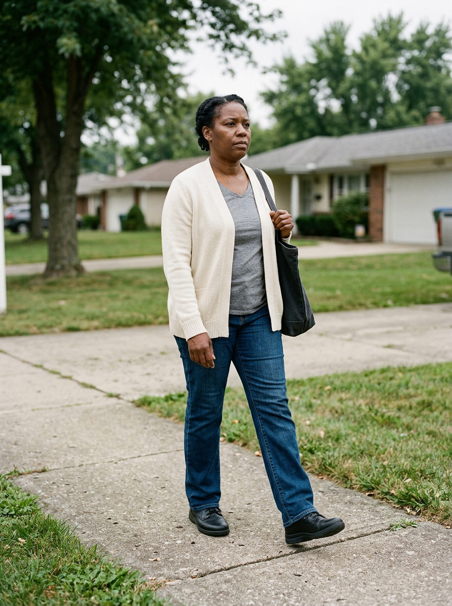 Black female veteran in her 40s walking stiffly on a sidewalk with a noticeably restricted gait unable to swing her leg normally