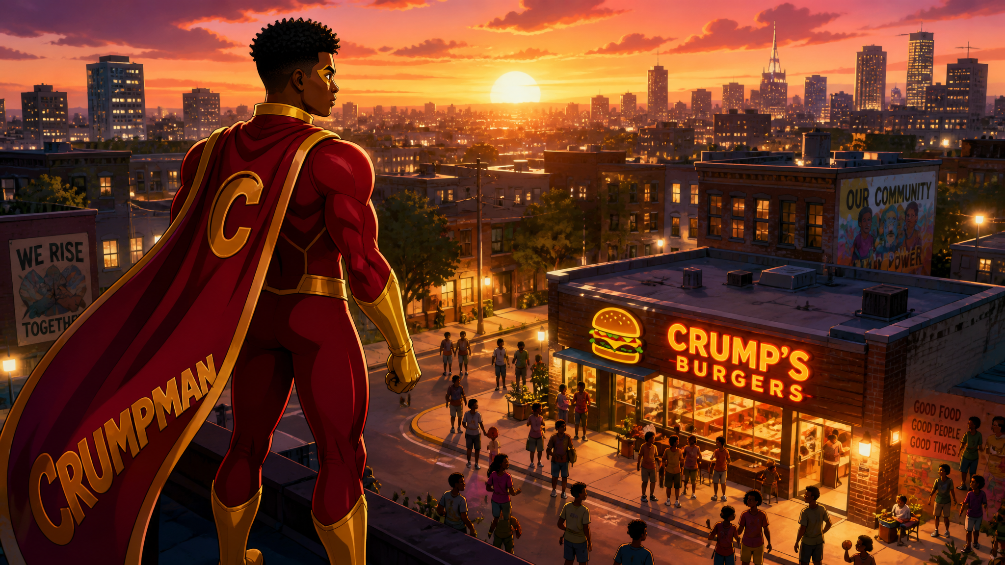 Crumpman overlooking Third Street neighborhood at sunset