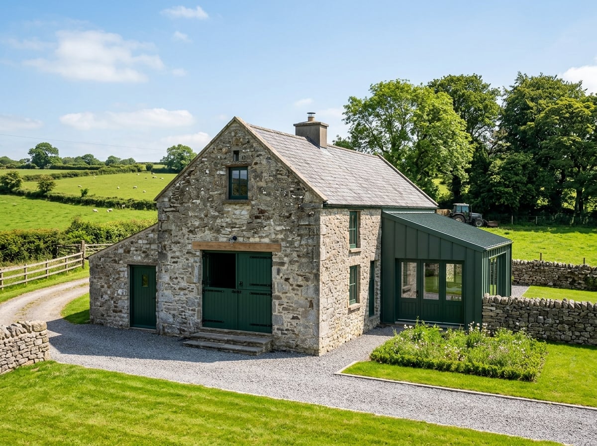 Restored barn – fresh green trim