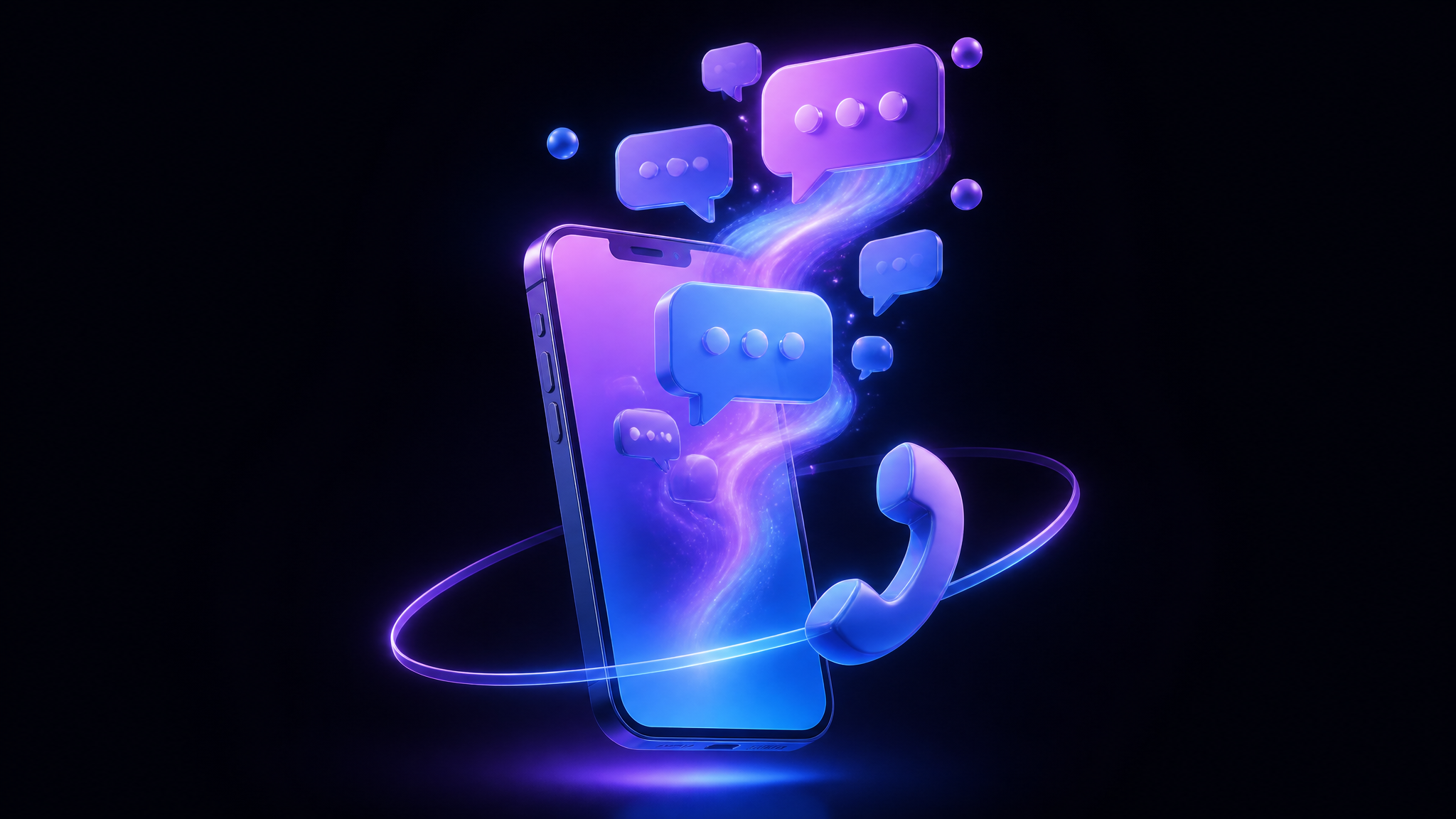 Floating smartphone with glowing chat bubbles flowing upward and a click-to-call handset icon orbiting it