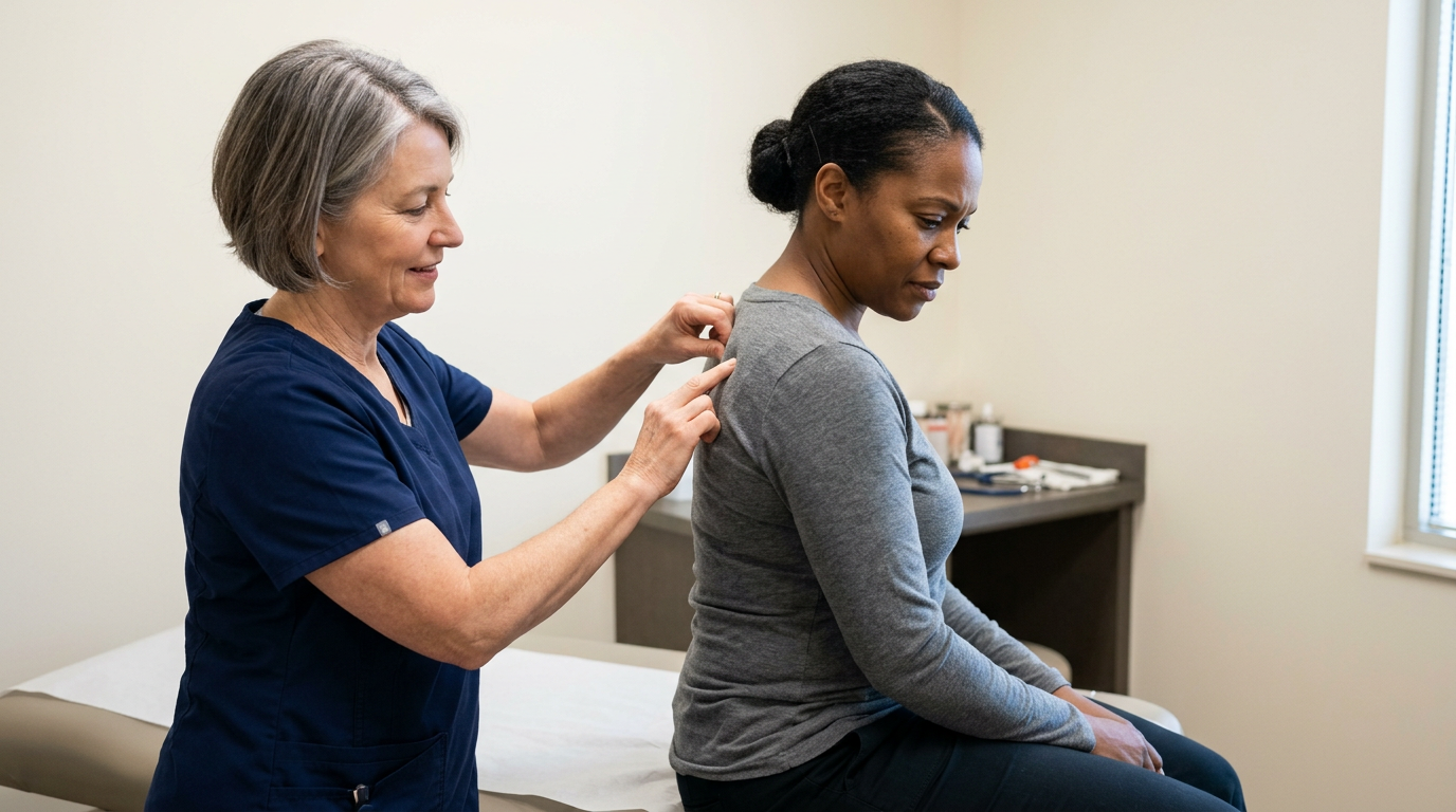 Rheumatologist performing tender-point assessment on a veteran patient during fibromyalgia evaluation
