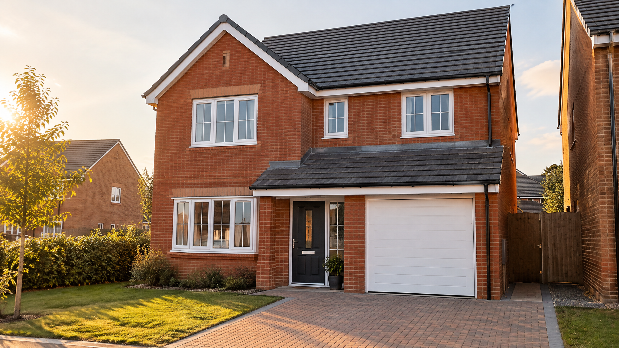 Modern detached brick house with a new tiled roof
