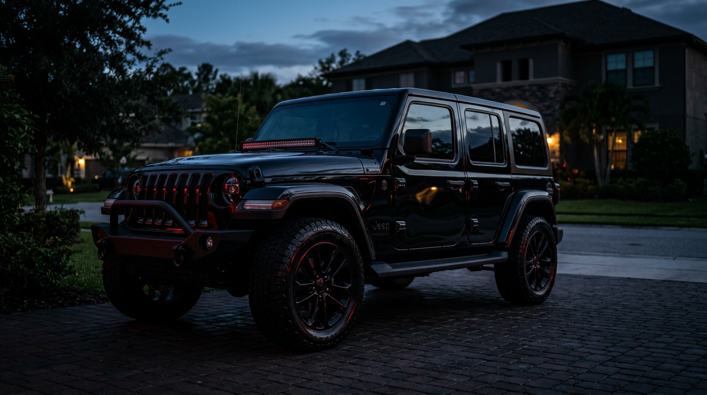 Freshly detailed black Jeep Wrangler with a mirror finish