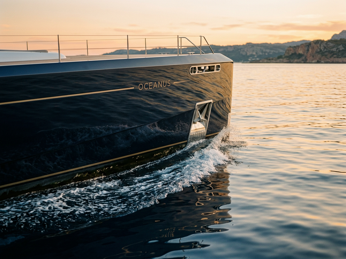 Sleek dark bow of a superyacht cutting calm water