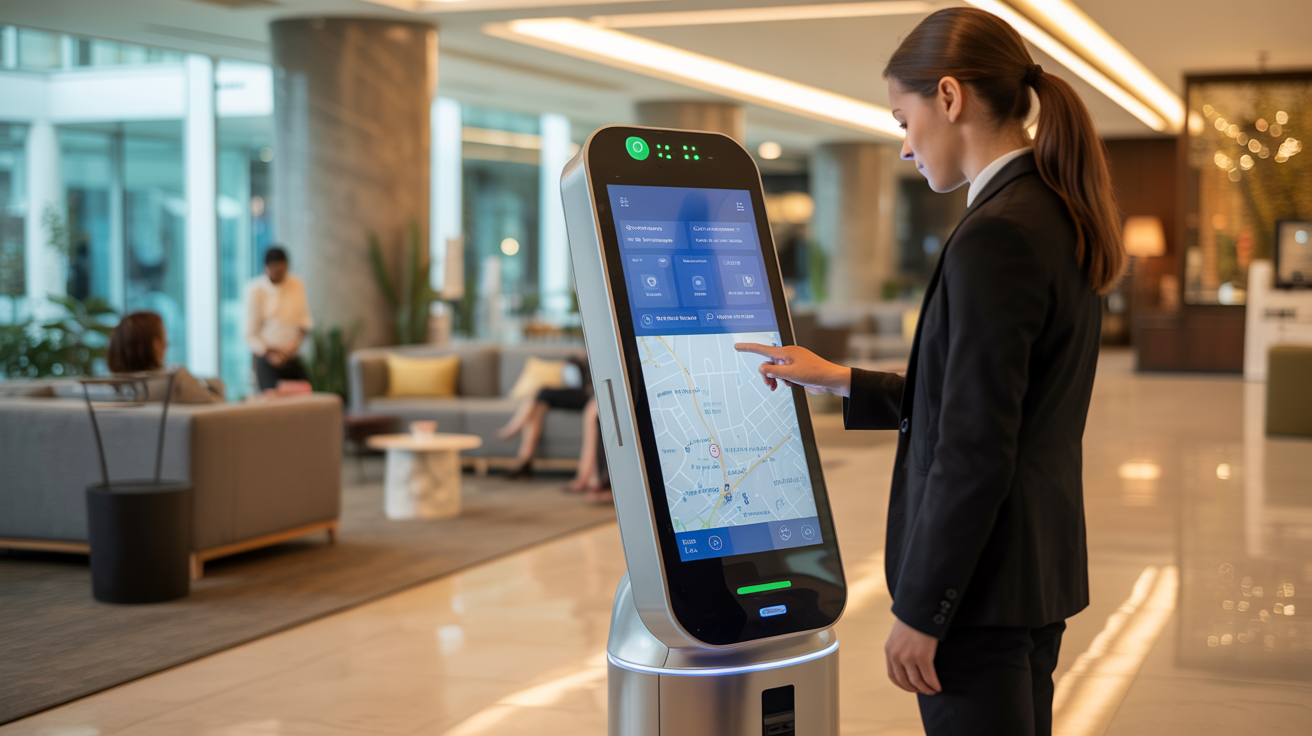 Guest using interactive information kiosk robot