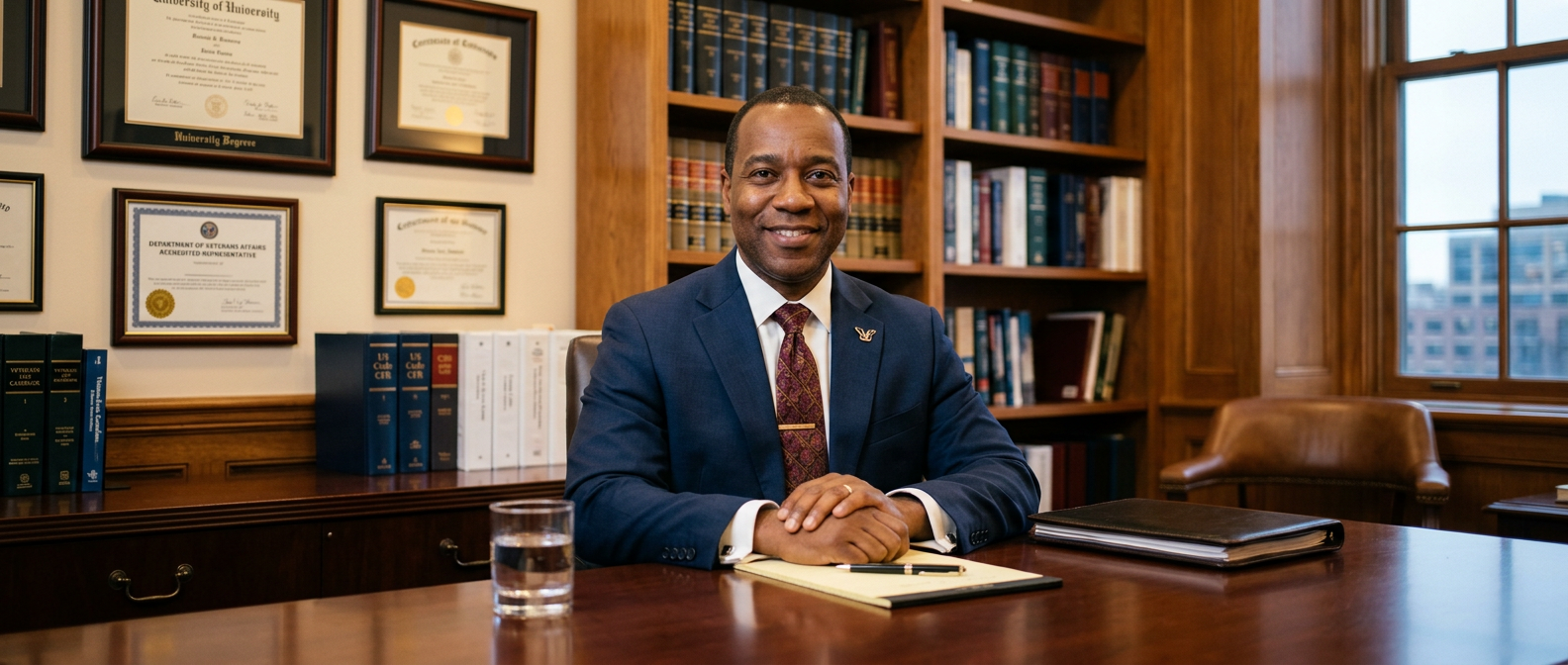 An accredited veteran-benefits advocate seated at a desk in a warm law office, looking at the camera