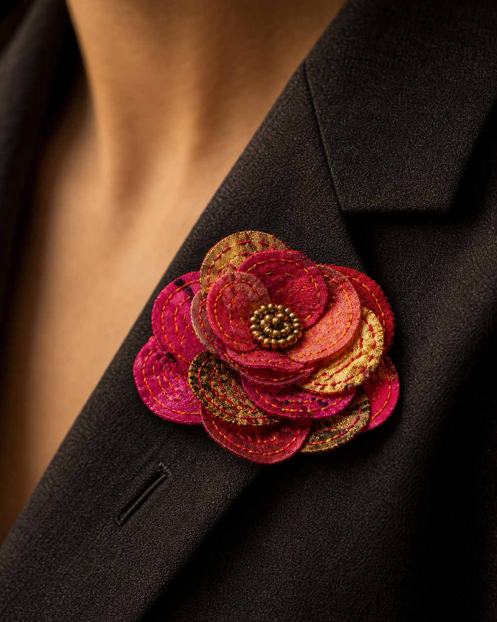 Close-up of the Dhaka Bloom brooch on a model's lapel