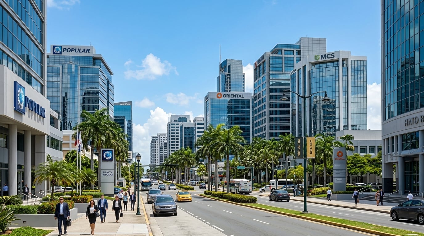 Modern business district in Puerto Rico representing economic opportunity