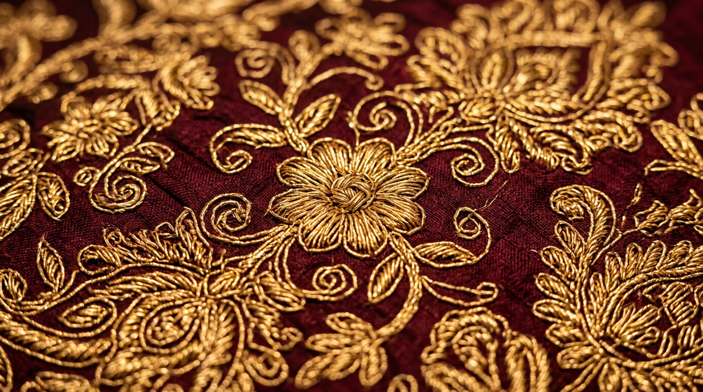 Intricate gold embroidery on fabric