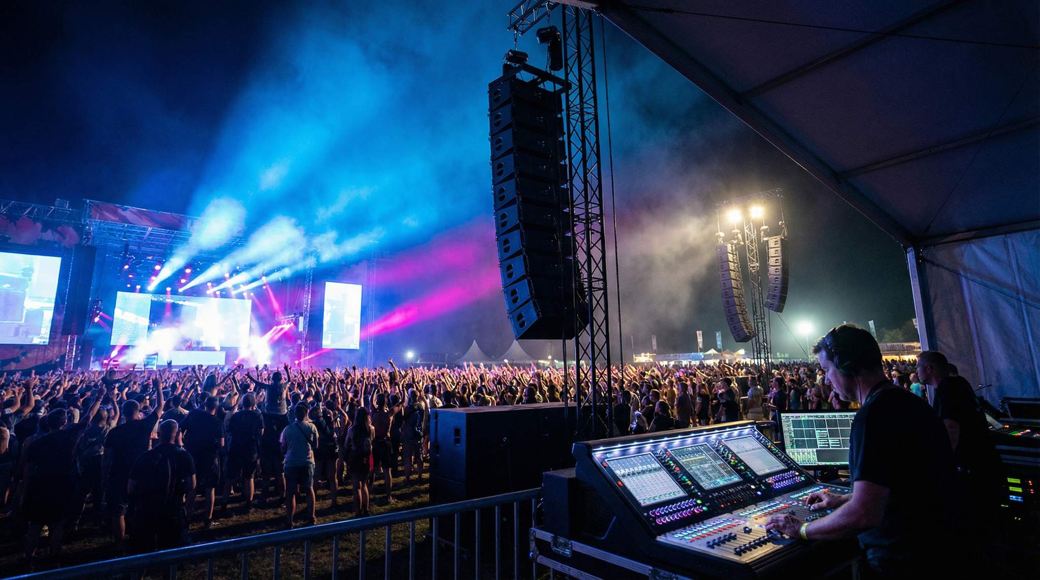 Professional live audio setup with stage lighting