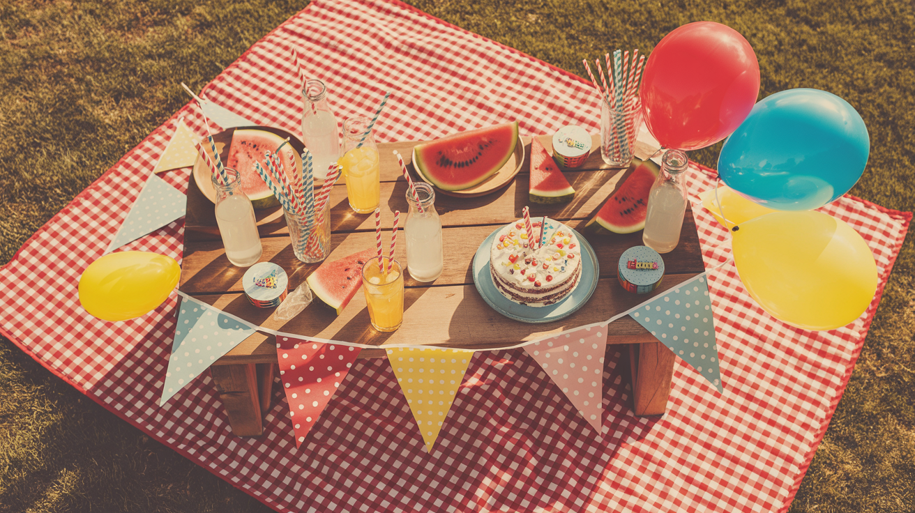 Sunny summer garden party flat-lay with gingham picnic blanket, lemonade, watermelon, bunting and colourful balloons