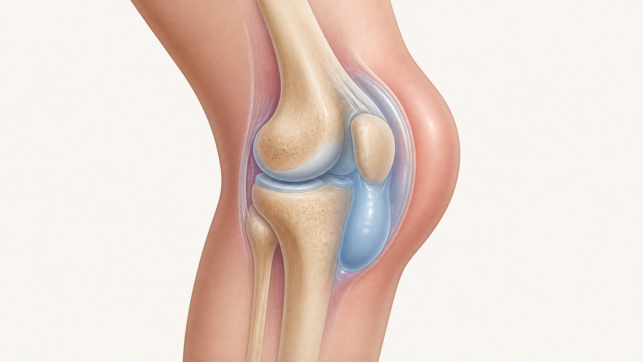 Illustration of a swollen knee with visible puffiness and fluid accumulation around the joint showing effusion