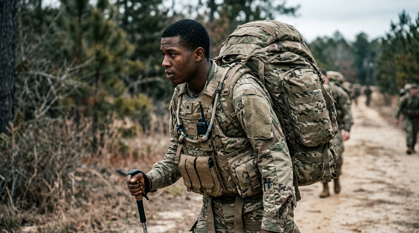 A soldier in full IOTV body armor and a heavily loaded rucksack, side profile, the weight bearing down through the mid-back